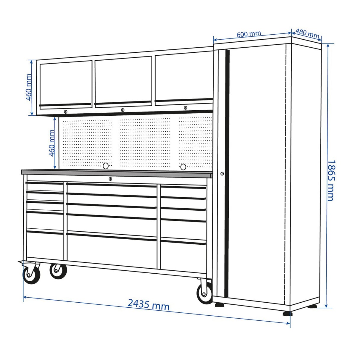 SGS 72 Stainless Steel 15 Drawer Work Bench with 3 Upper Cabinets & Side Cabinet